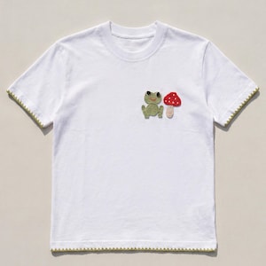 Frog Toadstool Crochet Applique T Shirt, Organic Cotton, Cottagecore Motif