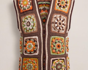 Brown Floral Granny Square Crochet Vest, Organic Cotton, Sleeveless
