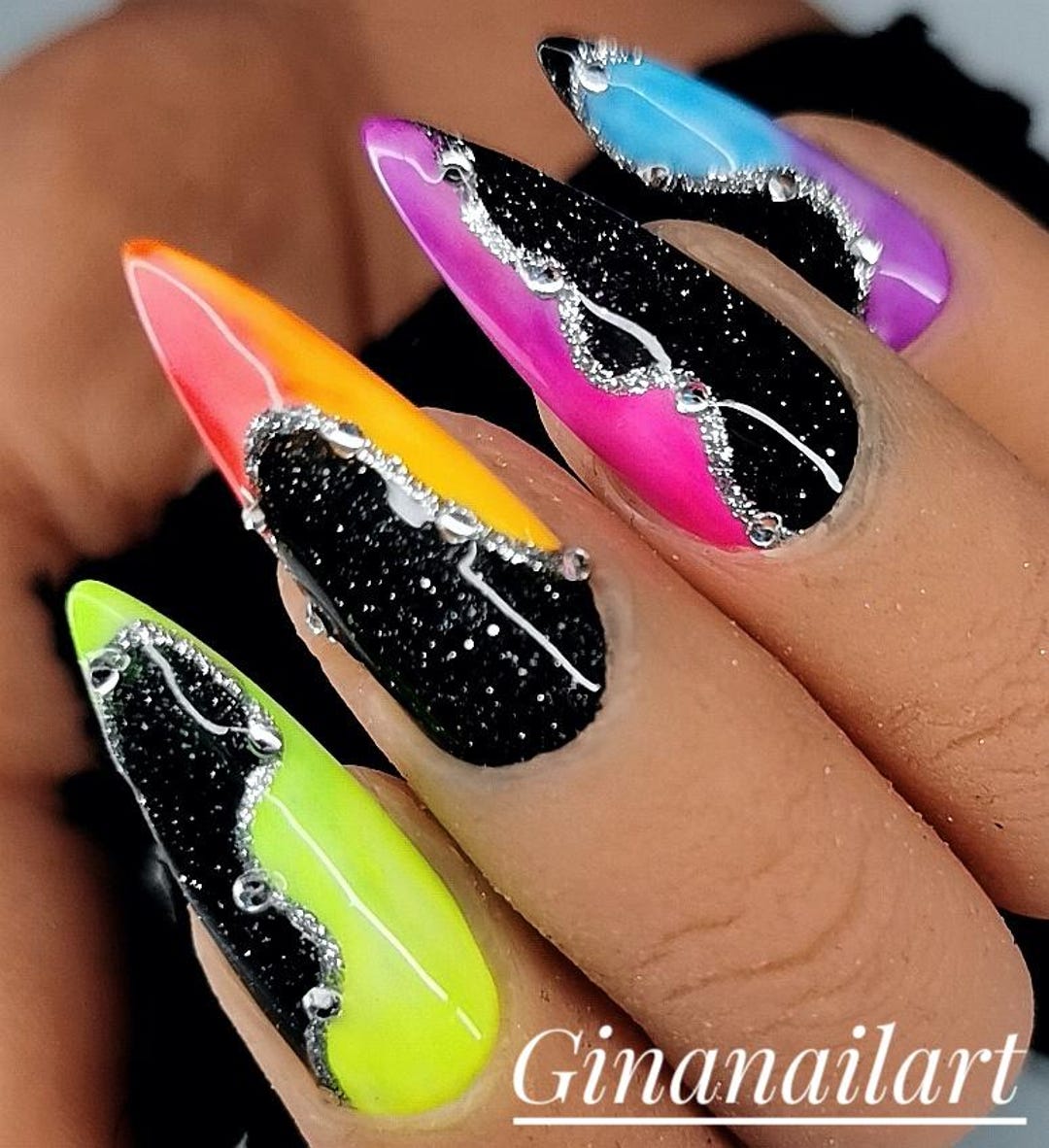 Neon Stiletto Press on Nails - Fluorescent Party Fake Nails - Rainbow ...