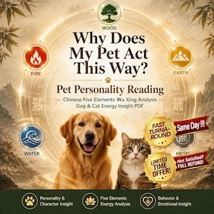 May include: A digital graphic titled Why Does My Pet Act This Way? featuring a golden retriever and a tabby cat. The design includes icons for Wood, Fire, Earth, Water, and Metal elements, with text detailing a Pet Personality Reading and Wu Xing analysis.