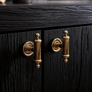 May include: Close-up of a black cabinet with two gold-colored handles. The handles are cylindrical with decorative detailing and a circular base. The cabinet has a textured, dark wood grain finish.