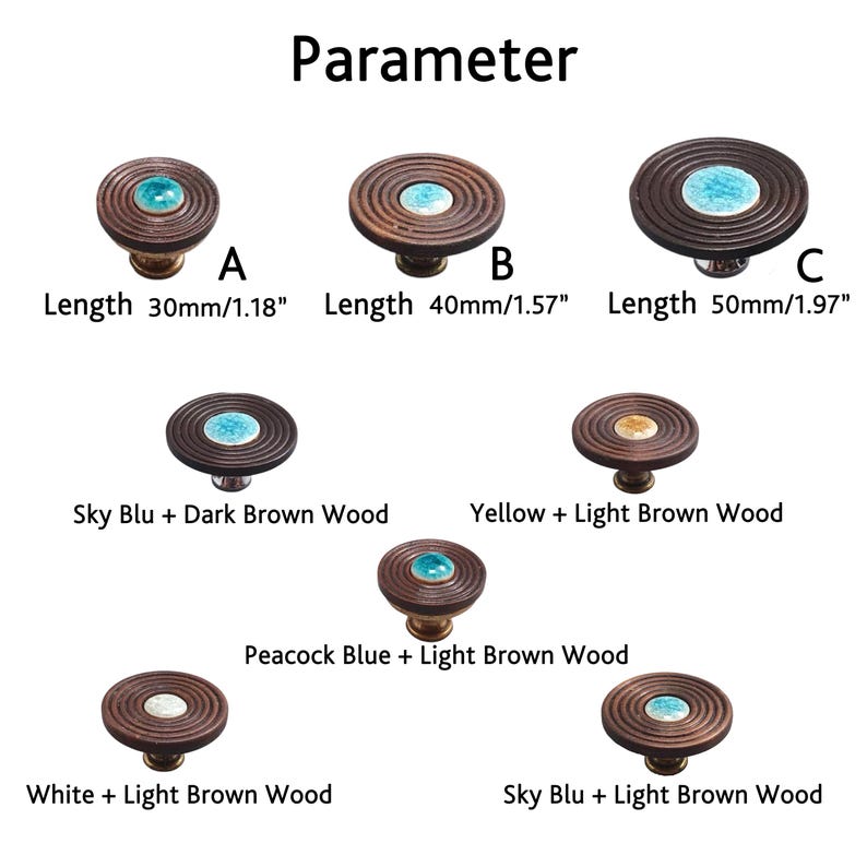 May include: A collection of decorative cabinet knobs with a wooden design and a central inlay. The knobs come in various colors, including sky blue, yellow, peacock blue, and white. The lengths are 1.18", 1.57", and 1.97". The word "Parameter" is at the top.