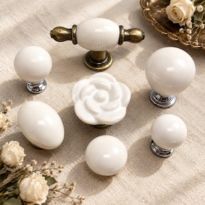 White Round/ Flower Cupboard Knobs: Ceramic Drawer Knob, Pull Knobs for Kids Room