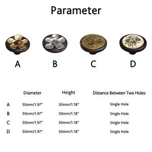 May include: Four decorative cabinet knobs with floral designs in gold, silver, and bronze tones, set on a dark brown base. Each knob has a diameter of 50mm and a height of 30mm. The word "Parameter" is at the top of the image.