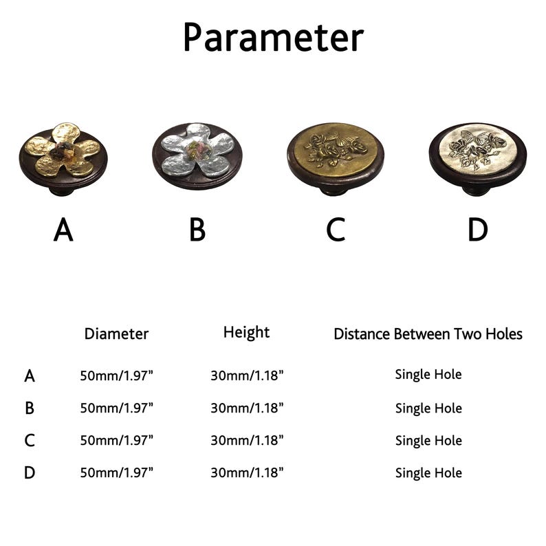 May include: Four decorative cabinet knobs with floral designs in gold, silver, and bronze tones, set on a dark brown base. Each knob has a diameter of 50mm and a height of 30mm. The word "Parameter" is at the top of the image.