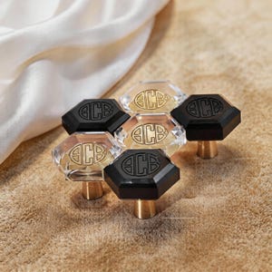 Crystal Octagon Knob: Brass Dresser Handles, Black Transparent Knob