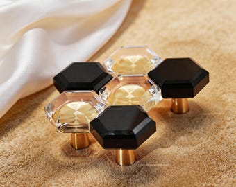 Gałka kryształowa ośmiokątna: mosiężne uchwyty do komody, czarna przezroczysta gałka