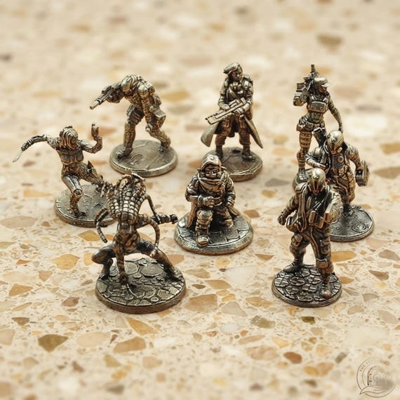 Hand-sculpted copper retro-futuristic space trooper miniature — the kind of desk piece that makes visitors stop mid-conversation to pick it up.