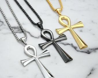 Ankh Necklace Egyptian Key of Life Cross Pendant Gold Black or Silver Tone Ancient Egypt Protection Amulet Unisex Gift