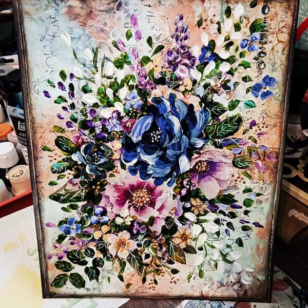 Blue and purple vintage flowers original abstract painting