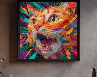 Orange Cat Wall Art Printable: Geometric Colorful Maximalist Home Decor