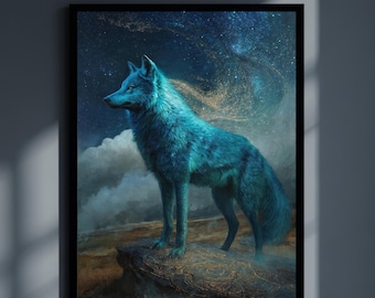 Fantasy Wall Art Printable: Blue Wolf Poster, Night Sky Oil Painting