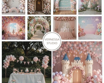 Kids Birthday Digital Backdrop: Cake Smash Background, Balloon Arches Props
