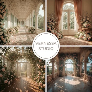 Puede incluir: Un collage de cuatro imágenes que muestran elegantes arreglos florales y detalles arquitectónicos. Las escenas presentan arcos, columnas y puertas adornadas con rosas y otras flores, creando una atmósfera romántica y lujosa. El texto "VERNESSA STUDIO" está en un círculo.