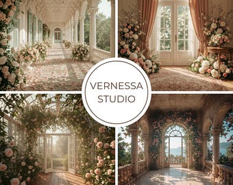 Romantic Floral Wedding Digital Backdrop: Flower Arches Photo Backgrounds, French Doors Props
