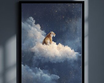 Tiger Wall Art Printable: Fantasy Night Sky Painting, Boho Cloud Art Print