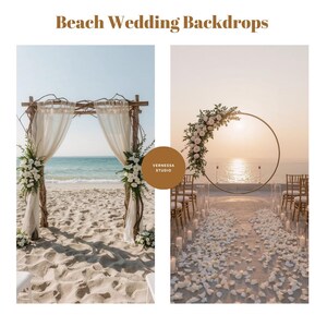 Könnte beinhalten: Zwei Strandhochzeitskulissen. Eine zeigt einen Holzbogen mit weißem Stoff und Blumenschmuck. Die andere zeigt einen kreisförmigen Metallbogen, der mit Blumen geschmückt ist, vor dem Hintergrund des Ozeans. Der Text "Beach Wedding Backdrops" steht oben.