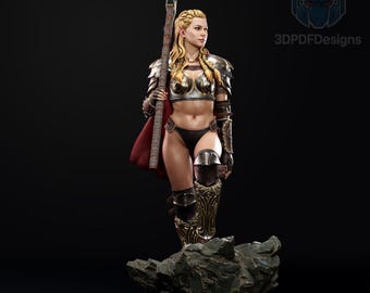 Estátua STL de uma bárbara: Guerreira com machado e capa (Download digital)