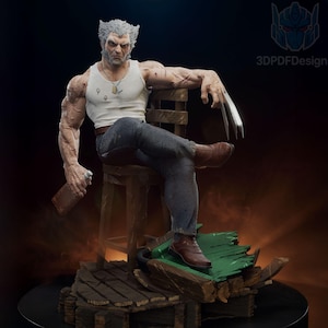 May include: A detailed figurine of Wolverine, seated on a wooden chair. He wears a white tank top, blue jeans, and brown boots. His claws are extended, and he holds a bottle. The figure is on a wooden base with green accents.