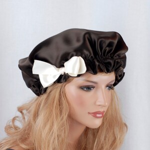 Silk Sleep Bonnet, Satin Bonnet in Espresso Charmeuse, Fully Adjustable, Gentle Elastic, Reversible Sleep Cap for Hair Care