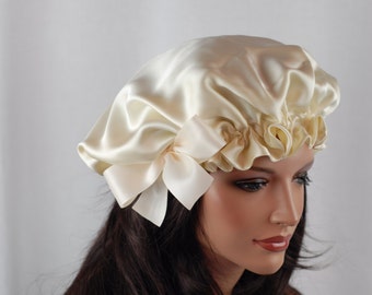 Silk Sleep Bonnet, Ivory Charmeuse, Fully Adjustable, Reversible Sleep Cap for Hair Care