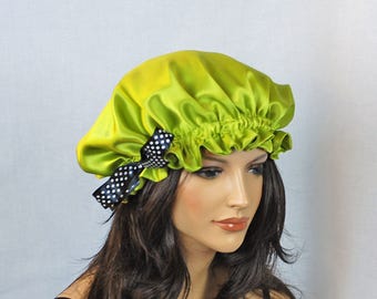 Silk Sleep Bonnet, Citron Charmeuse, Fully Adjustable Bow Drawstring Attached to Gentle Elastic, Reversible Sleep Cap for Hair Care