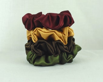 Pure Silk Hair Scrunchies, Set of 4, Autumn Tones 19mm Silk Charmeuse, Small, Regular, and Large Sizes