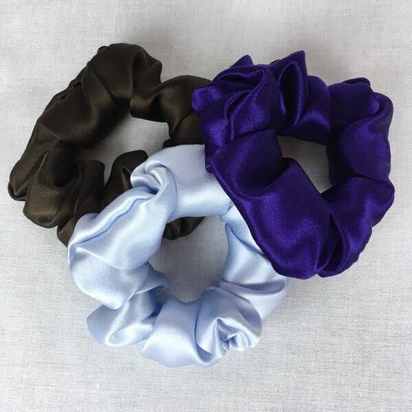Set of 3 Pure Silk Hair Scrunchies, Your Choice of Colors in 19mm Silk Charmeuse, Small, Regular, and Large Sizes