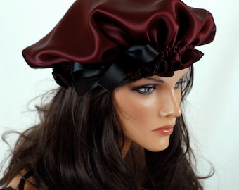 Silk Sleep Bonnet, Wine & Black Charmeuse, Fully Adjustable Bow Drawstring, Gentle Elastic, Reversible Sleep Cap for Hair Care