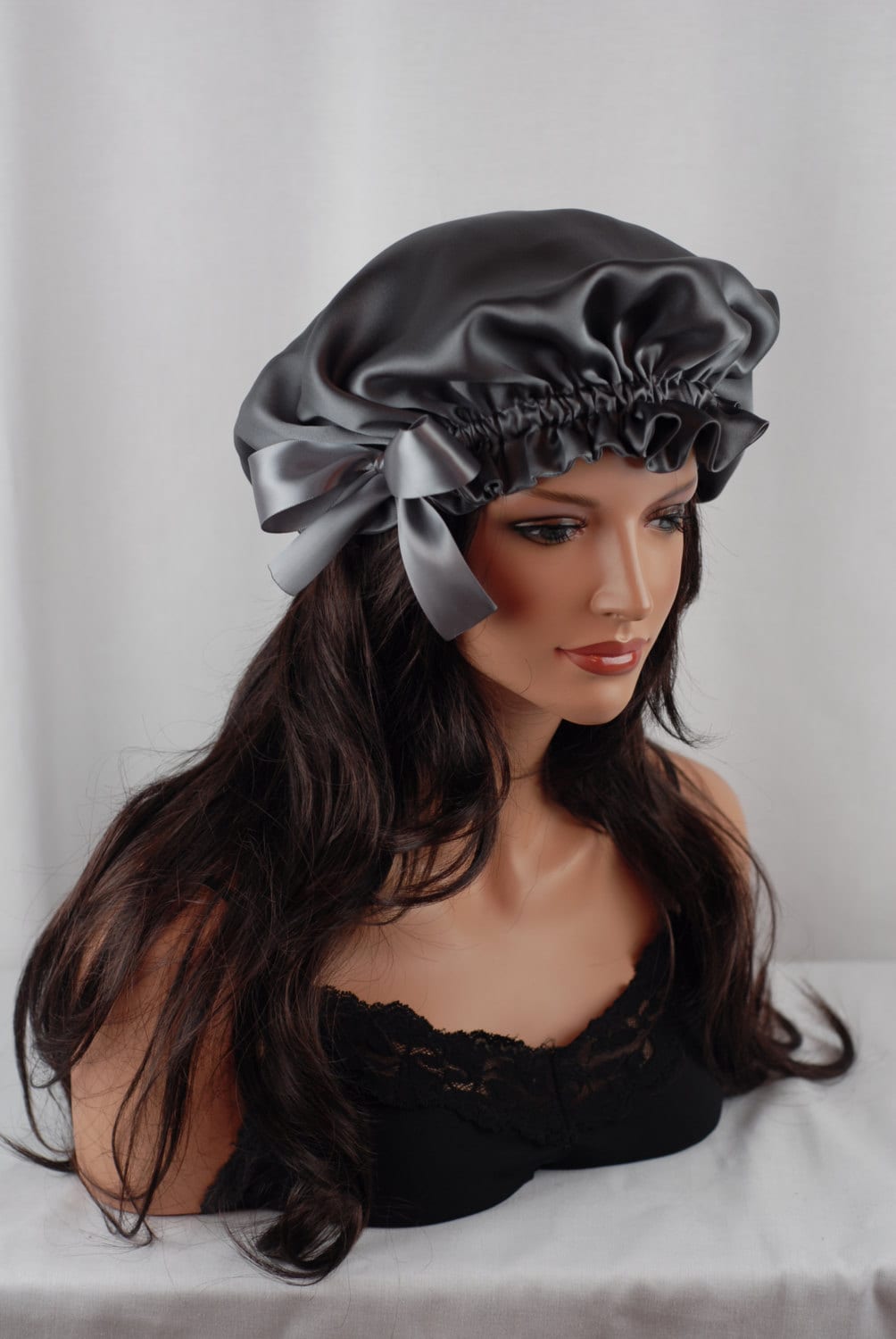 Silk Sleep Bonnet, Pewter Charmeuse, Fully Adjustable Bow Drawstring Attached to Gentle Elastic, Reversible Sleep Cap for Hair Care