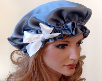 Silk Sleep Bonnet, Smoky Blue Charmeuse, Fully Adjustable Bow Drawstring Attached to Gentle Elastic, Reversible Sleep Cap for Hair Care