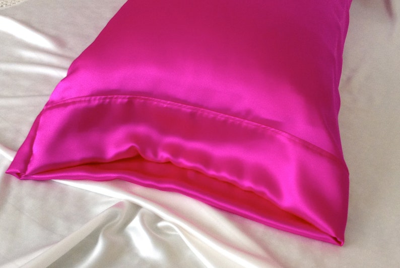 Mulberry Silk Pillowcase, Hot Pink Silk Charmeuse, Hypoallergenic Bedding for Sensitive Skin and Hair Care image 4