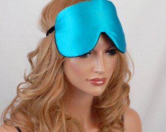 SILK Eye Mask Sleep Mask, Teal & Black Charmeuse Silk, Fully Adjustable, Padded, Light Darkening for Sleep, Travel and Anti-Aging