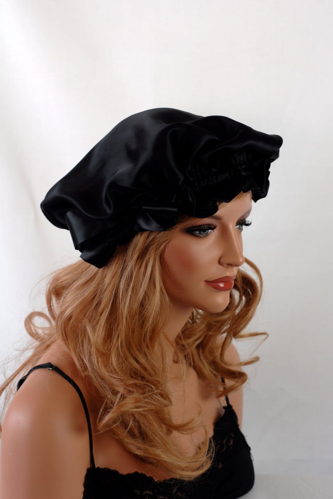 Mulberry Silk Sleep Black Charmeuse, Fully Adjustable Sleep Cap