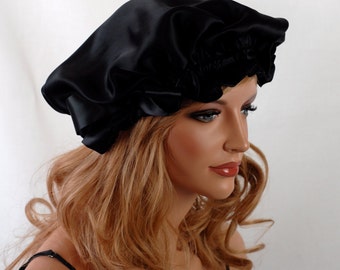 Mulberry Silk Sleep Bonnet Black Charmeuse, Fully Adjustable Sleep Cap, Hair Bonnet, Reversible Sleep Cap for Hair Care