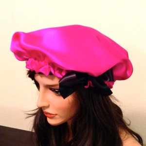 Silk Sleep Bonnet, Hot Pink Charmeuse, Fully Adjustable Bow Drawstring Attached to Gentle Elastic, Reversible Sleep Cap for Hair Care