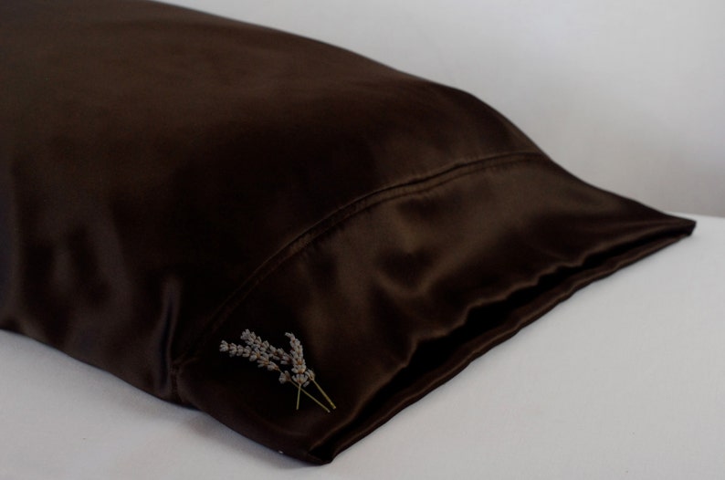 100% Silk Pillowcase in Espresso Charmeuse Silk, Luxurious Bedding for Sensitive Skin and Hair Care image 2