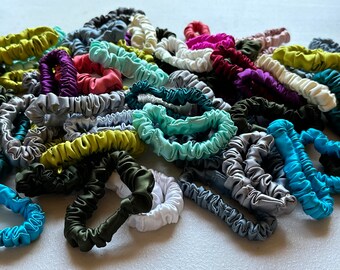 SUPER SALE: Silk Skinny Scrunchie, Set of 6, Assorted Colors, Regular Size, Charmeuse, Thin Hair Tie, Hair Band