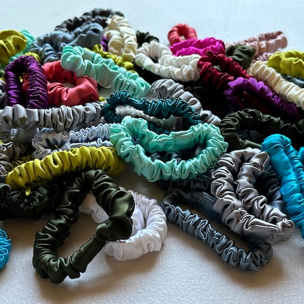 SUPER SALE: Silk Skinny Scrunchie, Set of 6, Assorted Colors, Regular Size, Charmeuse, Thin Hair Tie, Hair Band