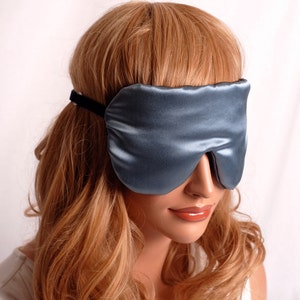 SILK Eye Mask Sleep Mask, Smoky Blue and Pewter Charmeuse, Fully Adjustable, Padded, Light Darkening for Sleep, Travel and Anti-Aging image 4