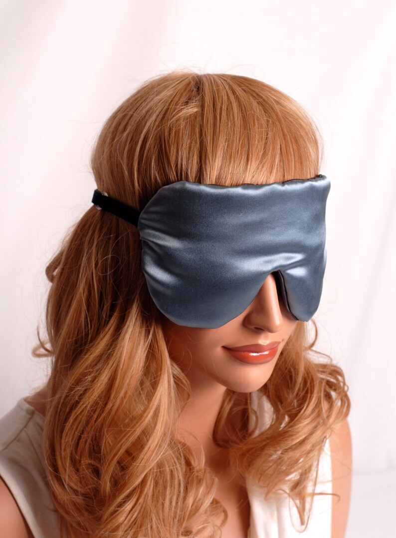 SILK Eye Mask Sleep Mask, Smoky Blue and Pewter Charmeuse, Fully Adjustable, Padded, Light Darkening for Sleep, Travel and Anti-Aging image 4