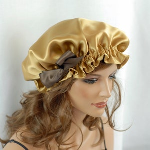 Silk Sleep Bonnet, Gold Charmeuse, Fully Adjustable Bow Drawstring Attached to Gentle Elastic, Reversible Sleep Cap for Hair Care