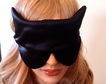 SILK Eye Mask Sleep Mask, Black Charmeuse Cat Shape, Fully Adjustable Straps, Light Blocking for Sleep and Anti-Aging