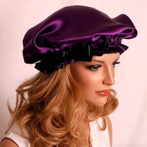 Silk Sleep Bonnet, Plum Charmeuse, Fully Adjustable Bow Drawstring Attached to Gentle Elastic, Reversible Sleep Cap for Hair Care