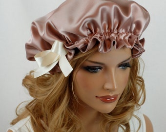 100% Silk Sleep Bonnet, Wild Rose Charmeuse, Fully Adjustable Bow Drawstring Attached to Gentle Elastic, Reversible Sleep Cap for Hair Care
