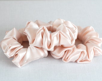 Pure Silk Hair Scrunchies, Set of 3, Light Pink 19mm Silk Charmeuse, Small, Regular, and Large Sizes