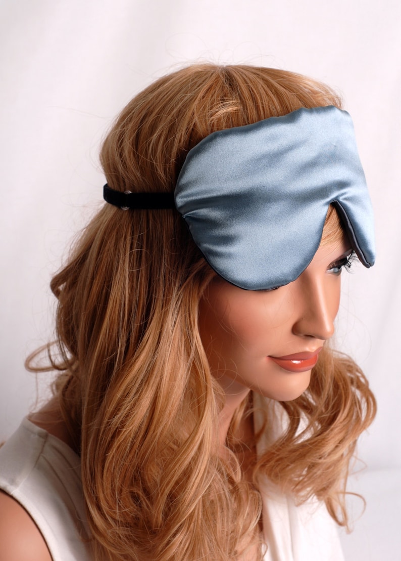 SILK Eye Mask Sleep Mask, Smoky Blue and Pewter Charmeuse, Fully Adjustable, Padded, Light Darkening for Sleep, Travel and Anti-Aging image 1
