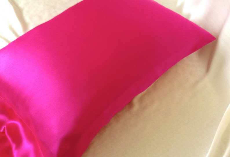 Mulberry Silk Pillowcase, Hot Pink Silk Charmeuse, Hypoallergenic Bedding for Sensitive Skin and Hair Care image 3