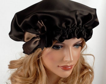 Silk Sleep Bonnet, Espresso Charmeuse, Fully Adjustable Bow Drawstring Attached to Gentle Elastic, Reversible Sleep Cap for Hair Care