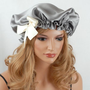 100% Silk Sleep Bonnet, Sterling Silver Charmeuse, Adjustable Bow Drawstring, Reversible Sleep Cap for Hair Care